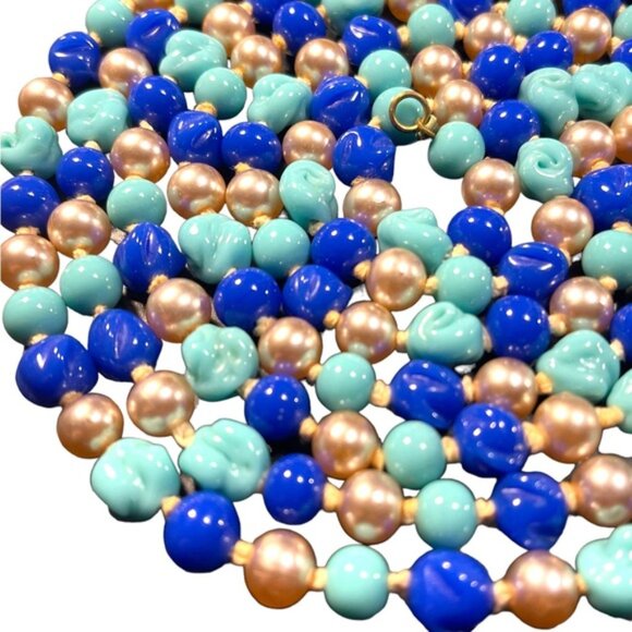 Antique Handmade CZECH Glass blue fancy bead & pearl necklace 48” LoNG - Picture 3 of 12
